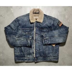 Polo Ralph Lauren Sherpa Fleece Lined USA Flag Patch Denim Trucker Jacket L NWT